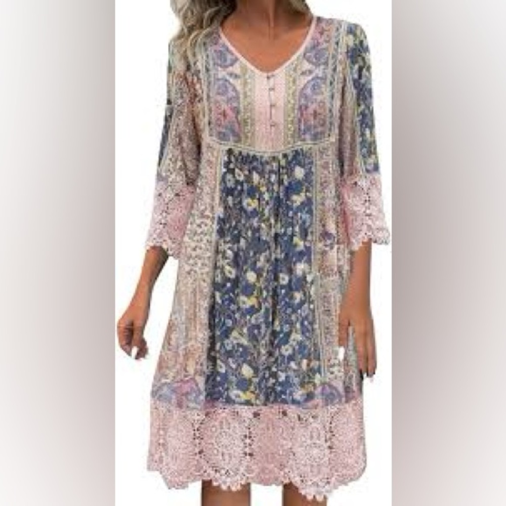 Blue and Pink Bell Sleeve Sundress with Scoop Neck NWOT
